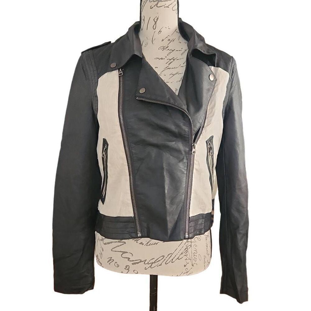 Bar III Women's Size Medium Black Cream Faux Leather Linen Moto Jacket